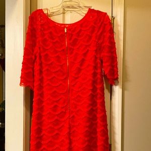 Red lace dress, lined, short sleeves.